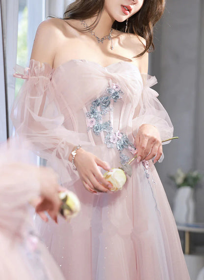 Light Pink Off Shoulder A-line Tulle Prom Dress with Lace, Pink Formal Dress