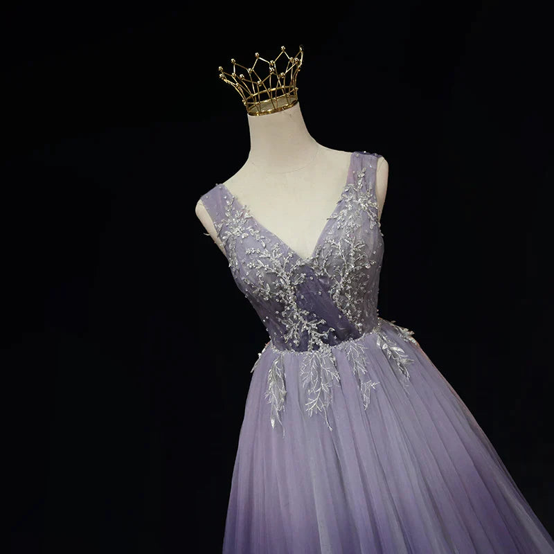 Light Purple Tulle Gradient Lace Applique Formal Dress, Beautiful Long Prom Dress