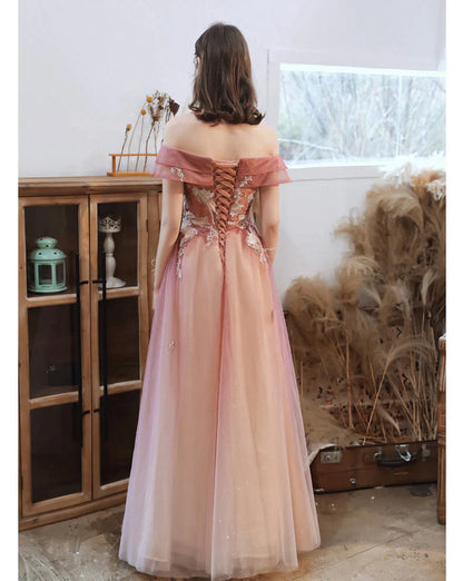 Gradient Pink Off Shoulder A-line with Flowers Prom Dress, Pink Long Formal Dress
