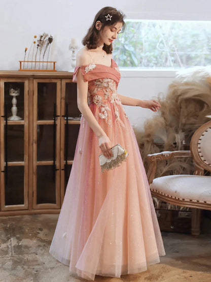 Gradient Pink Off Shoulder A-line with Flowers Prom Dress, Pink Long Formal Dress
