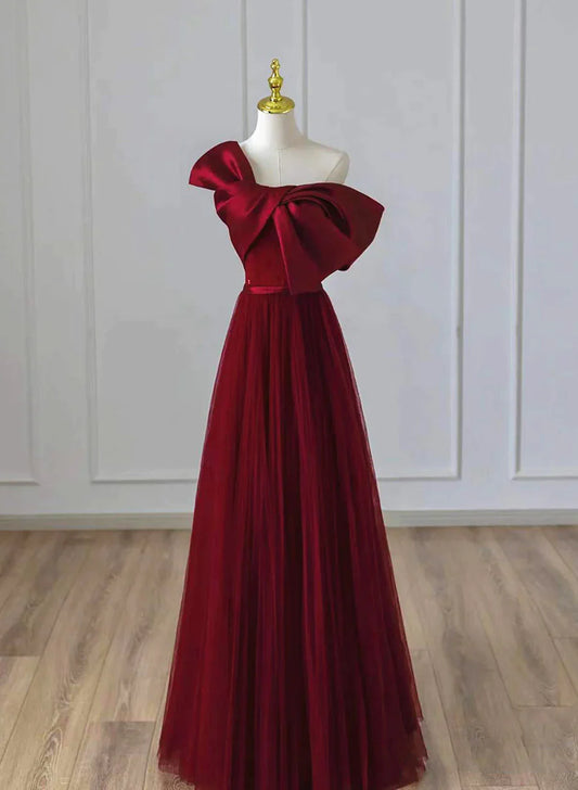 Wine Red Satin and Tulle A-line Simple Prom Dress, Floor Length Party Dress