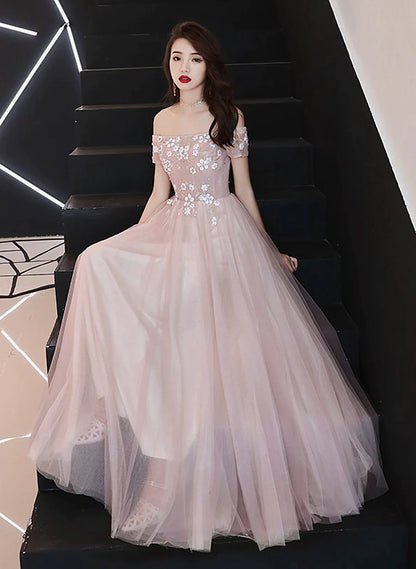 Pink Off Shoulder with Flowers A-line Prom Dress, Tulle Floor Length Party Dress