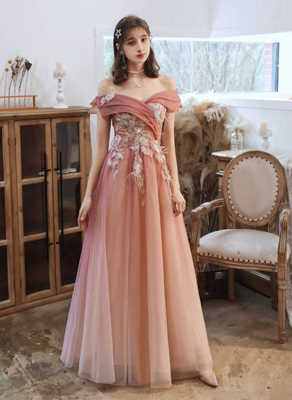 Gradient Pink Off Shoulder A-line with Flowers Prom Dress, Pink Long Formal Dress