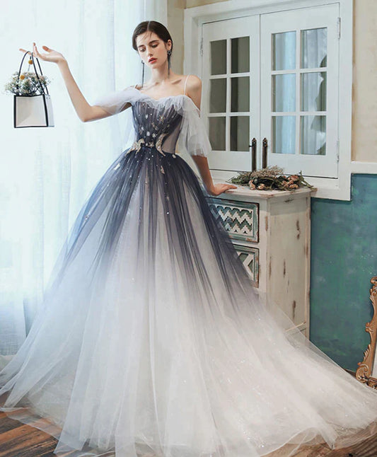 Charming Blue Gradient Straps Long Junior Prom Dress, Blue Formal Gown Evening Dresses