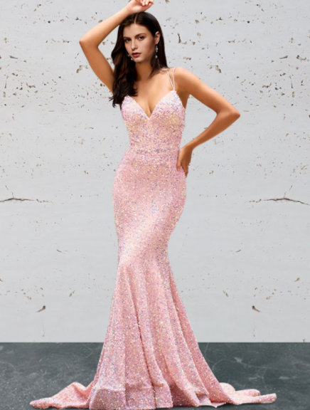 Sparkly Mermaid V Neck Spaghetti Strap Lace Up Back Train Prom Dress