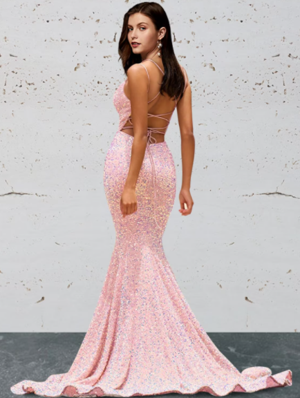 Sparkly Mermaid V Neck Spaghetti Strap Lace Up Back Train Prom Dress
