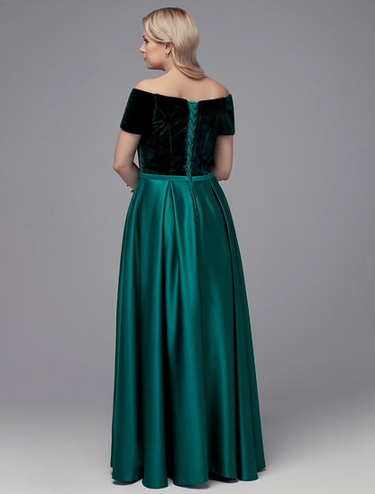 A-Line Special Occasion Dresses Elegant Dress Wedding Guest Floor Length Short Sleeve Off Shoulder Satin with Crystals