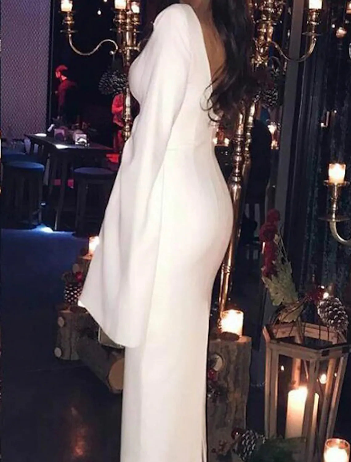 Sheath / Column Cocktail Dresses Party Dress Holiday Tea Length Long Sleeve Jewel Neck Jersey Backless with Sleek Pure Color