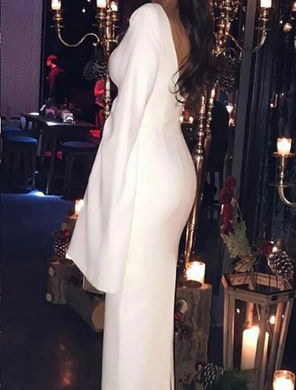 Sheath / Column Cocktail Dresses Party Dress Holiday Tea Length Long Sleeve Jewel Neck Jersey Backless with Sleek Pure Color