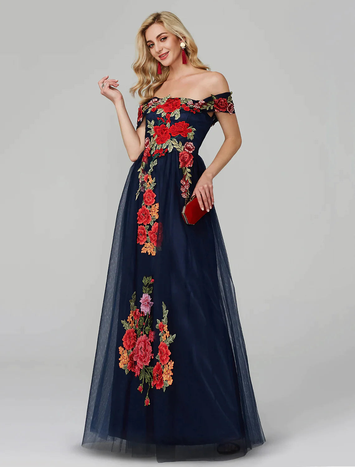 A-Line Prom Dresses Dress Wedding Guest Floor Length Sleeveless Off Shoulder Lace Over Tulle with Embroidery Appliques