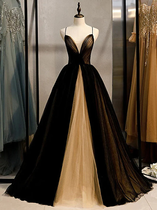 A-Line Evening Gown Dress Engagement Sleeveless V Neck Tulle Crisscross Back with Pleats