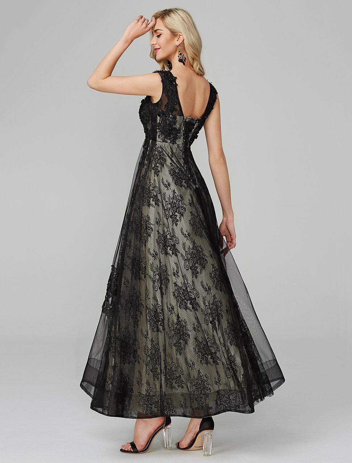 A-Line Open Back Evening Dresses Floor Length Sleeveless Neck Tulle Appliques