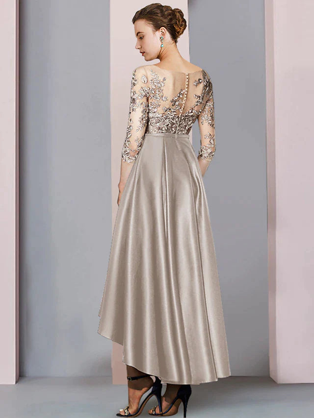 A-Line Mother of the Bride Dress Wedding Guest Elegant High Low Scoop Neck Asymmetrical Tea Length Satin Lace Half Sleeve with Pleats Appliques