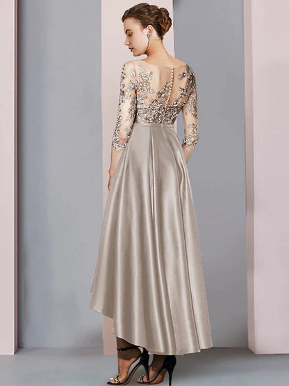A-Line Mother of the Bride Dress Wedding Guest Elegant High Low Scoop Neck Asymmetrical Tea Length Satin Lace Half Sleeve with Pleats Appliques