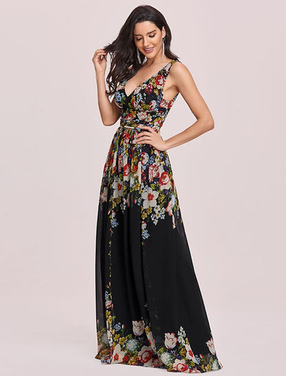 A-Line Plus Size Wedding Formal Evening Dress V Neck V Back Sleeveless Floor Length Chiffon with Pleats