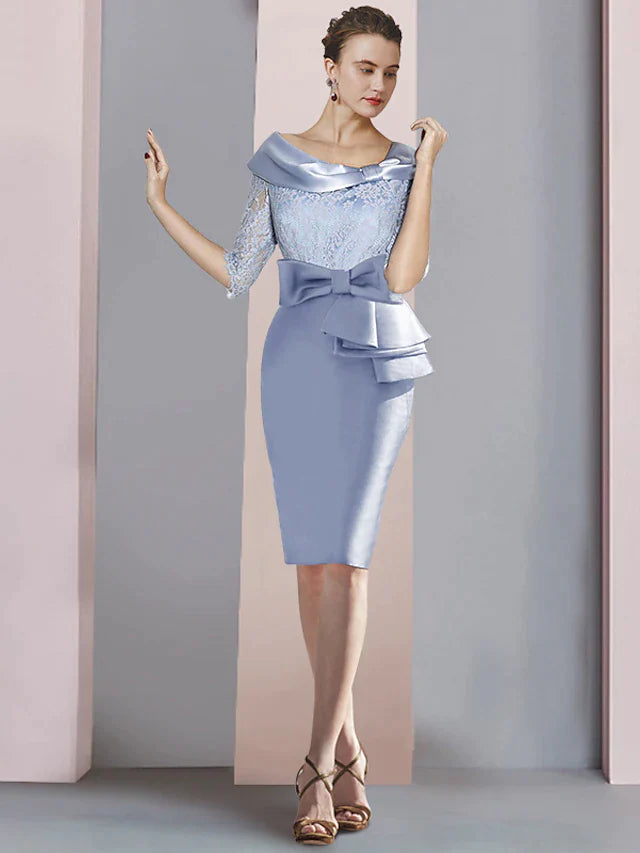 Sheath / Column Mother of the Bride Dress Wedding Guest Party Elegant Scoop Neck Knee Length Satin Lace Half Sleeve with Bow(s) Ruching