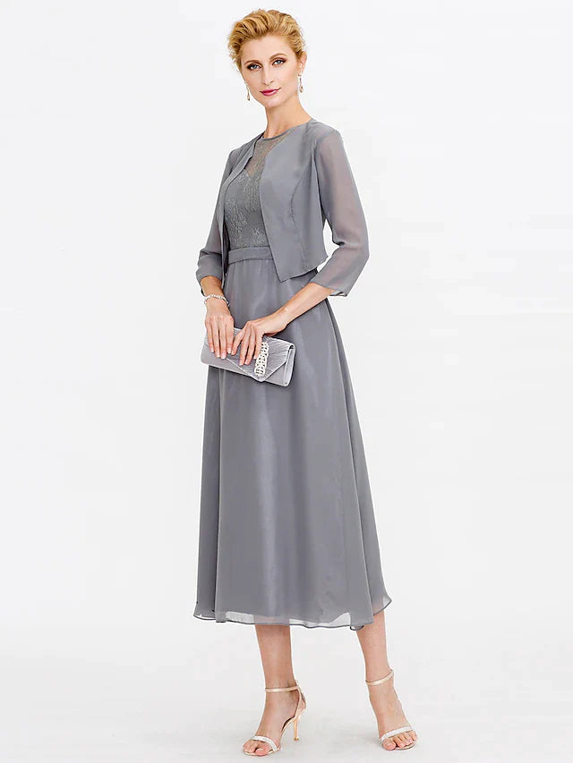 A-Line Mother of the Bride Dress Plus Size Elegant Illusion Neck Tea Length Chiffon Corded Lace Sleeveless Wrap Included with Lace Pleats