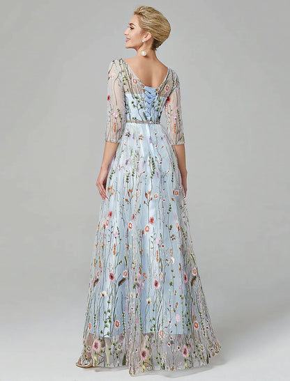 A-Line Evening Gown Elegant Dress Floor Length Sleeve  Lace with Embroidery