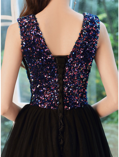 A-Line Glittering Wedding Guest Prom Dress V Neck Sleeveless Floor Length Sequined with