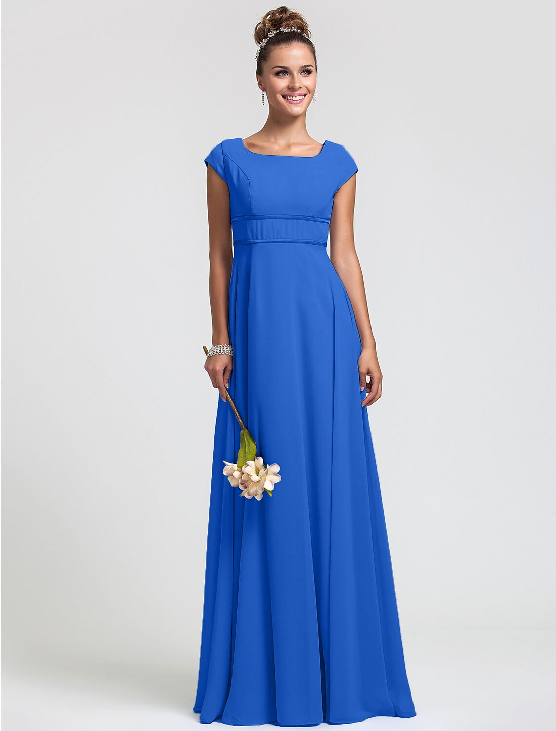 Bridesmaid Dress Square Neck Short Sleeve Elegant Floor Length Chiffon