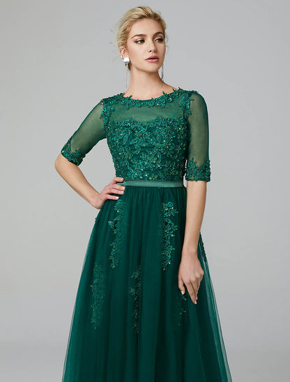 A-Line Elegant Dress Wedding Guest Tea Length Short Sleeve Off Shoulder Tulle with Sash / Ribbon Criss Cross