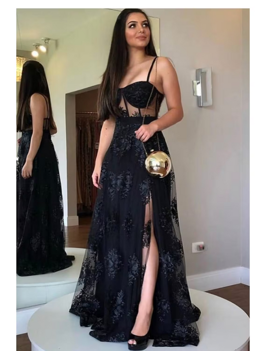 A-Line Prom Dresses Cut Out Dress Party Wear Floor Length Sleeveless Sweetheart Lace Backless with Slit Appliques
