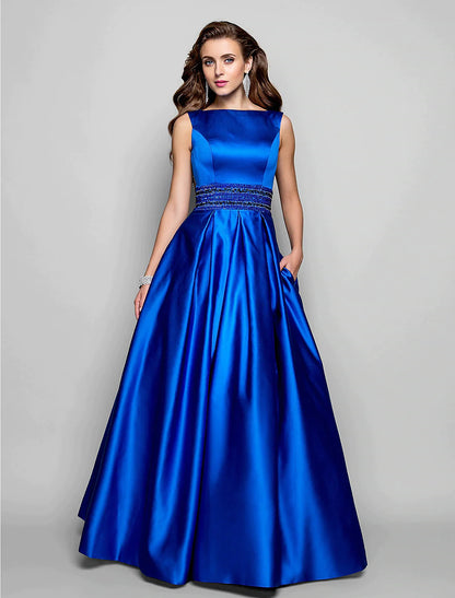 A-Line Elegant Blue Evening Dresses Wedding Guest Floor Length Sleeveless Boat Neck Pocket Satin with Pleats Beading