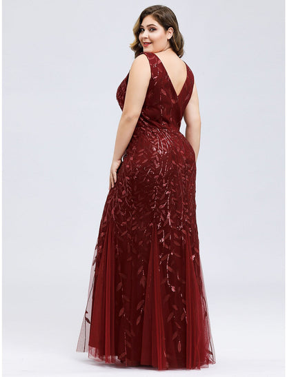 Evening Gown Plus Size Dress Wedding Guest Floor Length Sleeveless V Neck Lace V Back Appliques