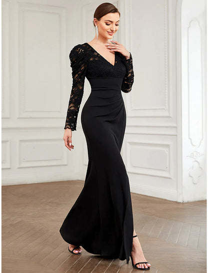 A-Line Evening Gown Vintage Dress Formal Floor Length Long Sleeve V Neck Lace