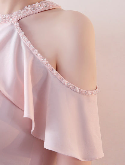 Prom Dresses Floor Length Short Sleeve Halter Jersey Beading Ruffles