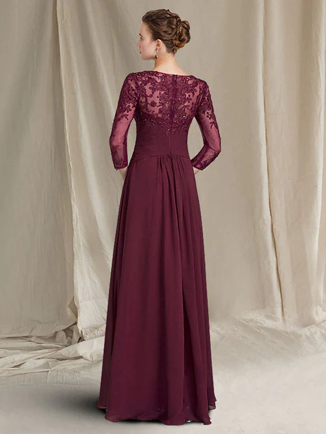 Sheath / Column Mother of the Bride Dress Plus Size Elegant Jewel Neck Floor Length Chiffon Lace 3/4 Length Sleeve with Ruched Appliques