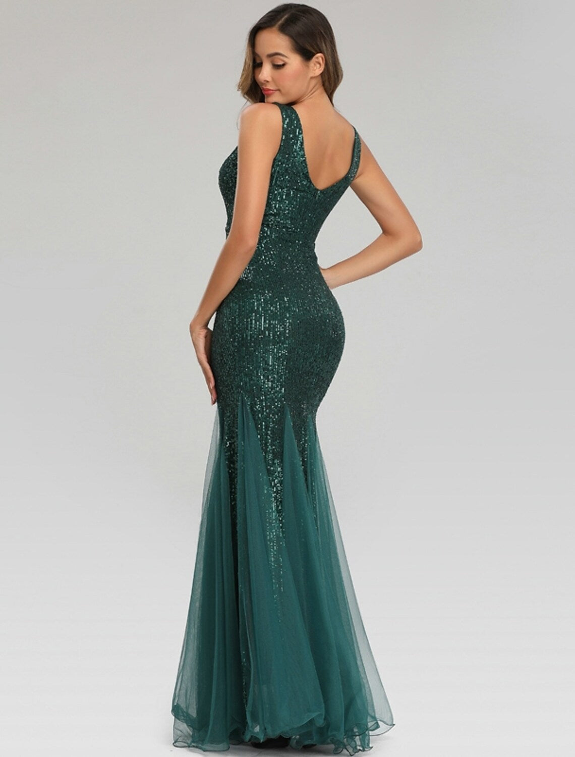 Sparkle Sexy Party Wear Formal Evening Dress V Neck Sleeveless Floor Length Sequined