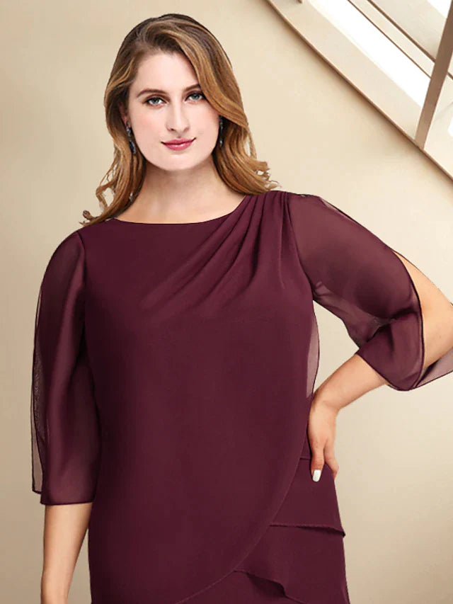 A-Line Plus Size Curve Mother of the Bride Dresses Elegant Dress Formal Ankle Length Half Sleeve Jewel Neck Chiffon with Ruffles