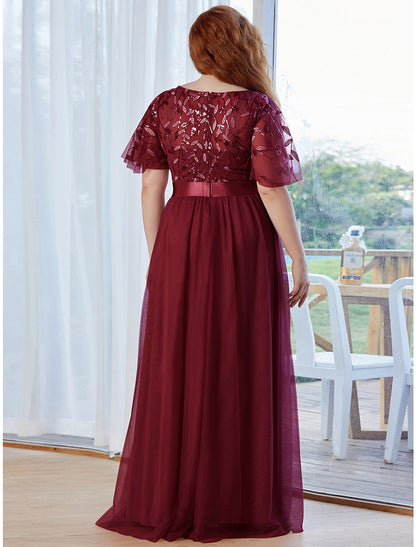 A-Line Prom Dresses Vintage Dress Prom Floor Length Short Sleeve Tulle with Sequin Ruffles Appliques