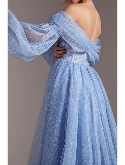 A-Line Prom Dresses Corsets Dress Formal Floor Length Long Sleeve Off Shoulder Tulle Glitter Ruched Slit