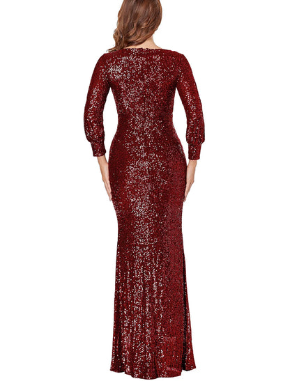 Sparkle Prom Formal Evening Dress V Neck Long Sleeve Floor Length Polyester with Cross Sequin