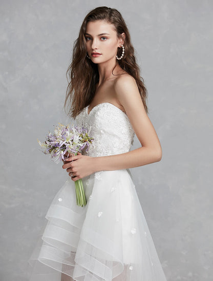 Open Back Little White Dresses Asymmetrical A-Line Strapless Lace With Appliques