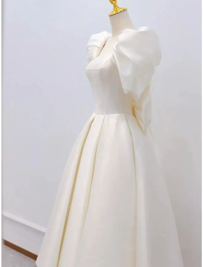 Bridal Little White Dresses Wedding Dresses Knee Length A-Line Short Sleeve Square Neck Satin