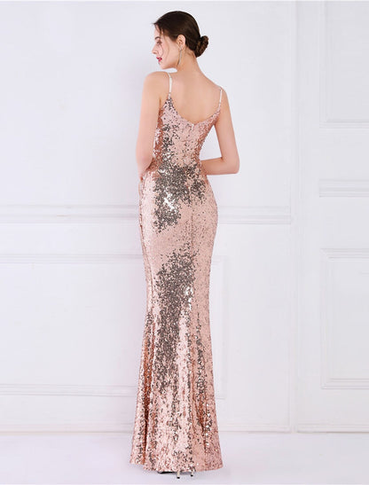 Evening Gown Elegant Dress Wedding  Floor Length Sleeveless Strap Sequined V Back