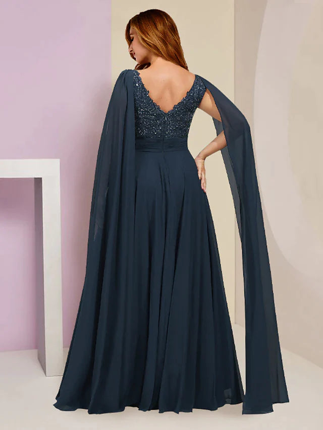 Plus Size Curve Mother of the Bride Dress Formal Party Elegant V Neck Floor Length Chiffon Lace Sleeveless with Pleats Sequin