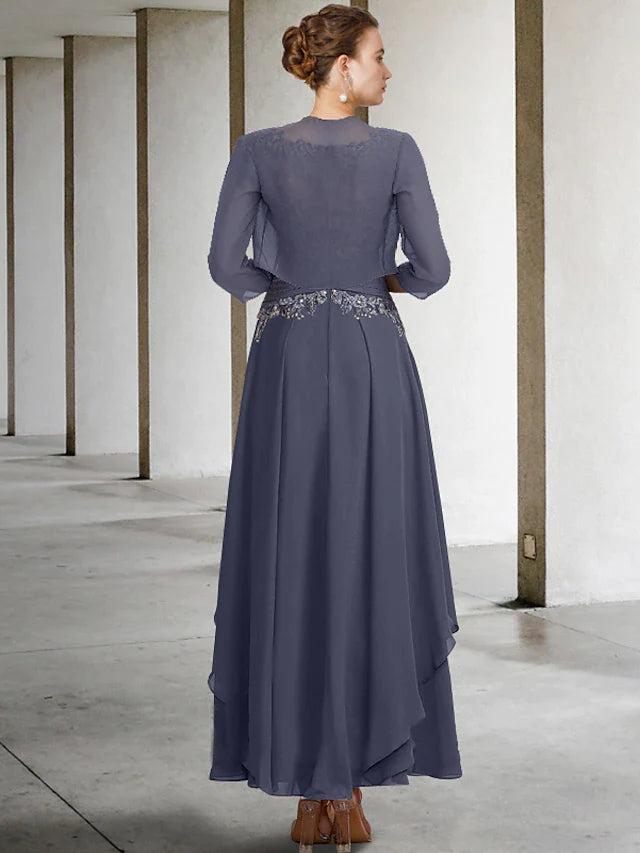 Two Piece A-Line Plus Size Curve Mother of the Bride Dress Elegant Jewel Neck Ankle Length Chiffon Lace Short Sleeve Wrap Included with Ruched Appliques