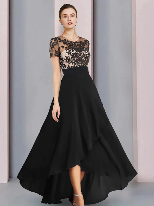 Sheath / Column Mother of the Bride Dress Wedding Guest Vintage Elegant Scoop Neck Asymmetrical Chiffon Short Sleeve with Lace Pleats