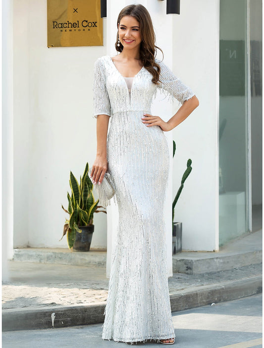 Evening Gown Glittering Dress Engagement Floor Length Half Sleeve V Neck Polyester with Sequin Tassel