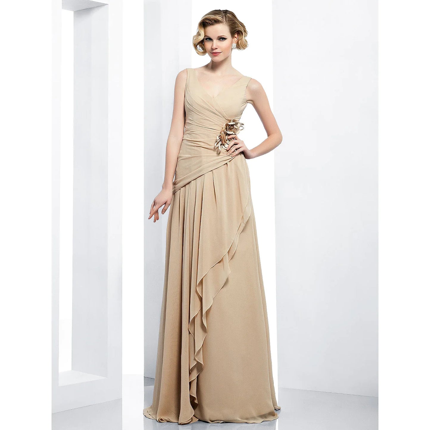 Elegant Dress Formal Evening Floor Length Sleeveless V Neck Chiffon Draping Side Flower
