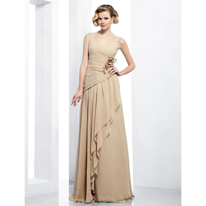 Elegant Dress Formal Evening Floor Length Sleeveless V Neck Chiffon Draping Side Flower