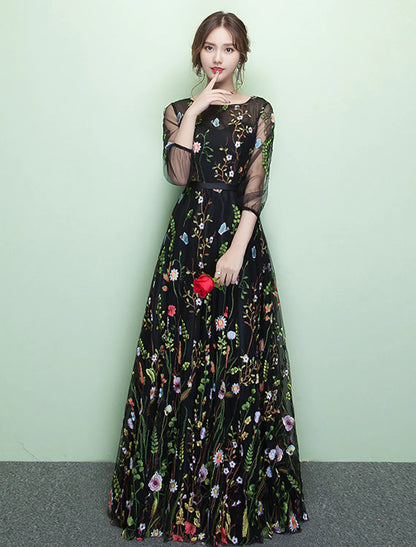 A-Line Elegant Formal Evening Dress Length Sleeve Floor Length Lace with Embroidery
