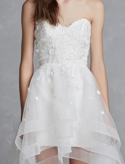 Open Back Little White Dresses Asymmetrical A-Line Strapless Lace With Appliques