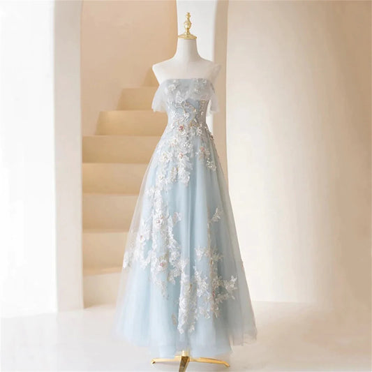 Light Blue Prom Dresses Fairy,Long Blue Tulle Floral Appliques Formal Dresses