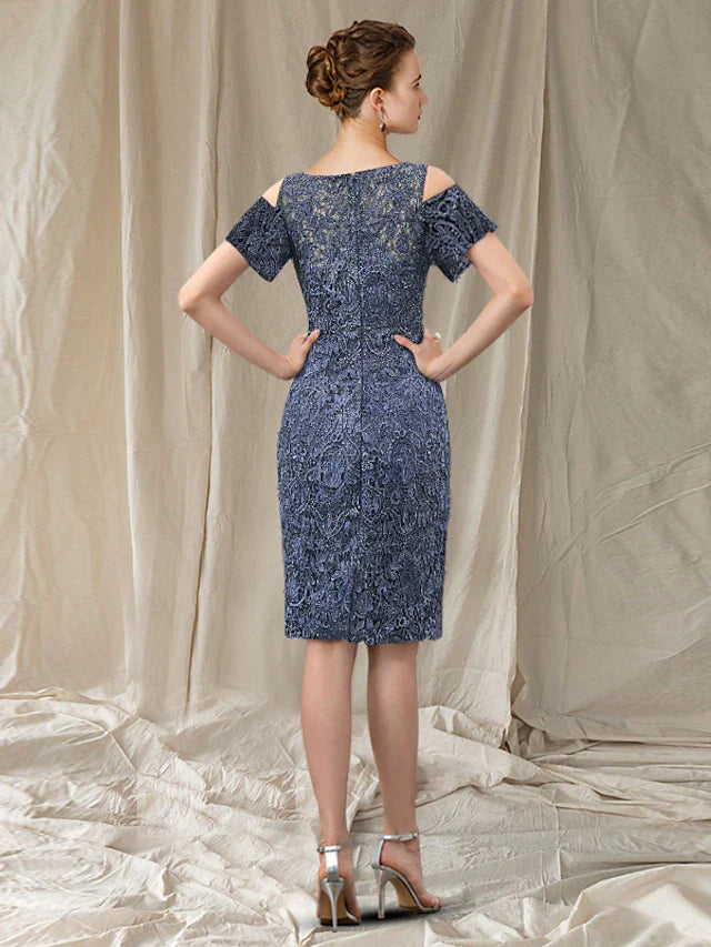 Sheath / Column Mother of the Bride Dress Elegant Jewel Neck Knee Length Chiffon Lace Short Sleeve with Appliques