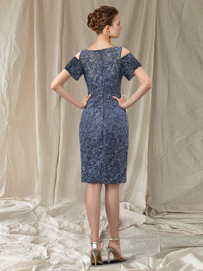 Sheath / Column Mother of the Bride Dress Elegant Jewel Neck Knee Length Chiffon Lace Short Sleeve with Appliques